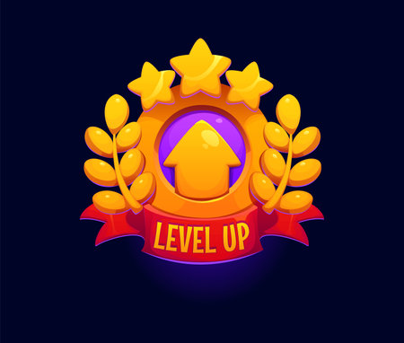 Cartoon game level up icon featuring yellow upward arrow surrounded by golden stars and laurel leaves, red ribbon or banner, symbolizing a high rank, reward, rate or accomplishment in gaming interfaceのイラスト素材