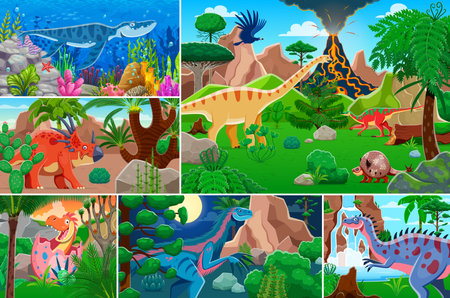 Prehistoric dinosaurs collage with Jurassic era lizards and cartoon dino characters, vector background. Dino world of giant lizards, reptiles and prehistoric birds in jungles with volcano eruptionのイラスト素材