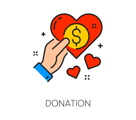 Online blogging donation service line icon. Web blogger or influencer fan support, online blogging payed content outline vector icon. Social media or blogging donation pictogram with heart in handのイラスト素材