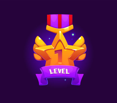Game rank level up badge icon or victory shield of golden star medal, vector banner. Level 1 achievement or mission complete badge with ribbon, wings and gold star medal for arcade video game awardのイラスト素材