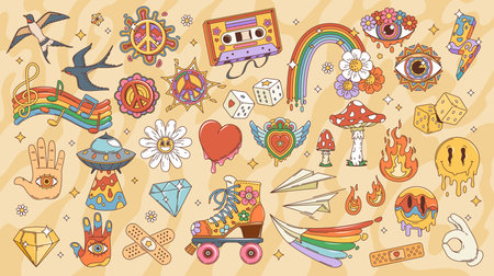 Retro cartoon groovy hippie symbols and elements. Vector flowers, rainbows, hearts and peace signs, happy emojis, good vibe funky mushroom and eyes. Psychedelic UFO, hippy music cassette tape and diceのイラスト素材