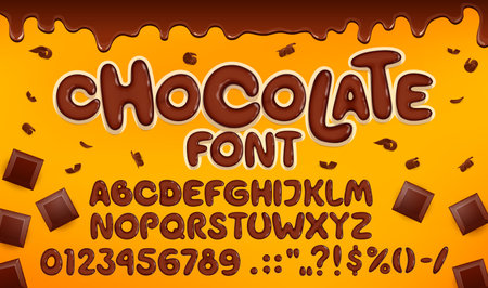 Candy type, chocolate font, brown choco typeface, tasty english alphabet letters and numbers made of melted dark chocolate dessert. Vector typography font with cocoa candy bars and choco curlsのイラスト素材