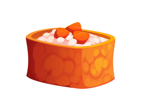 Cartoon inari Japanese sushi, roll topped with glistening salmon pieces, nestled on a fluffy bed of sushi rice encased in a fried tofu belt. Isolated vector traditional Japanese seafood delicacy mealのイラスト素材