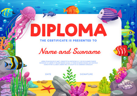 Kids diploma with sea fishes and underwater landscape. Vector certificate featuring vibrant cartoon fish, jellyfish, coral, and marine seaweed. Fun and engaging layout frame for children achievementsのイラスト素材