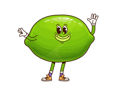 Groovy tropical lime fruit character with a bright smile and playful expression. Isolated cartoon vector cheerful citrus fruit personage evokes feelings of happiness, promotes healthy vitamin foodsのイラスト素材