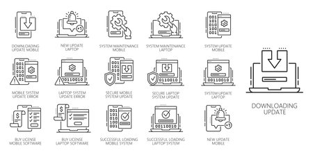 Update software app line icons for computer or mobile phone application, vector pictograms. Update software app line icons of upgrade installation progress bar, system new OS version download processのイラスト素材