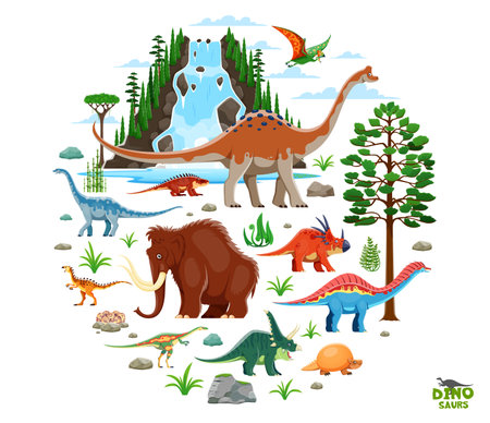 Prehistoric cartoon dinosaurs, Jurassic park lizards and ice age animals, vector characters. Prehistoric mammoth and dino pelarosaurus, styracosaurus and elaphorosaurus with glyptodon with tapejaraのイラスト素材