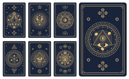 Mystic tarot cards with vector line celestial frames and magic esoteric pattern. Vintage Moon, Sun and stars with hexagram, eye of providence, skull and pentacle occult symbols, tarot cards back setのイラスト素材