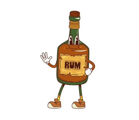 Cartoon retro groovy rum bottle character with funky freaky face, vector comic alcohol drink. Groovy retro cartoon rum bottle with cork and happy smile or Hello Hi gesture for positive vibe emojiのイラスト素材