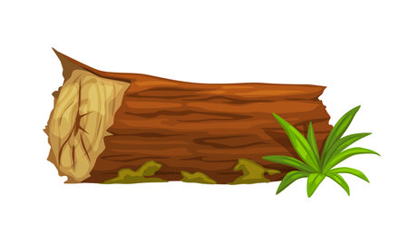 Tree log stump for jungle landscape and prehistoric dinosaur era environment, vector game asset. Cartoon broken tree log trunk with grass for arcade game nature scene element of Jurassic forest parkのイラスト素材