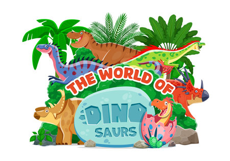 Prehistoric dinosaurs and dino park banner with funny cartoon lizard characters, vector background. Kids Jurassic dino world park welcome banner for prehistoric dinosaurs or paleontology museumのイラスト素材