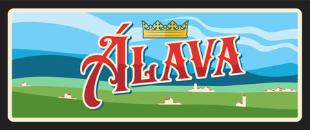 Alava Spain province retro travel plate. Spain region plate, european travel retro banner with royal crown, meadow scenery landscape with vintage home buildings, mountain viewのイラスト素材