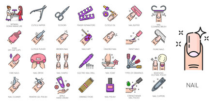 Nail manicure service color line icons. Vector outline nail polish and hand care tools, beauty and spa salon fingernail clipper, file and scissors, cuticle nipper, pusher and oil isolated signsのイラスト素材