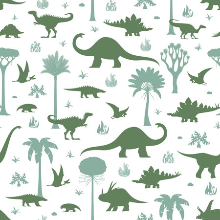 Prehistoric dinosaurs seamless pattern with light green silhouettes of dino species roam amidst ancient trees and plants on white background. Vector childish tile with dino at tropical landscapeのイラスト素材