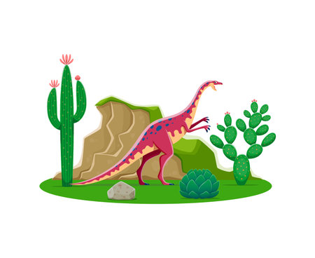 Anchisaurus prehistoric dinosaur animal cartoon character with cactuses. Vector jurassic dino, prehistoric succulent plants and stones. Cute sauropodomorph dinosaur personage, extinct lizard dinoのイラスト素材