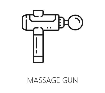 Chiropractic medicine line icon of massage gun for spine back medical treatment, vector symbol. Chiropractic therapy and chiropractor massage gun device for body muscle massage and physiotherapyのイラスト素材