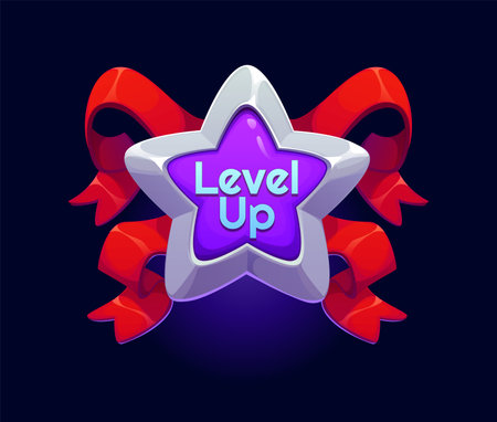 Level up game reward, rate icon featuring a purple or silver star with red ribbons. Cartoon vector badge for gaming achievements or success celebration, symbol of progress, upgrade or competition winのイラスト素材