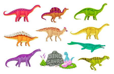 Prehistoric cartoon dinosaur animal characters with baby dino in eggshell. Vector jurassic metriorhynchus, amygdalodon, amurosaurus and neovenator, kotasaurus, oxalaia and lexovisaurus dinosaurs setのイラスト素材