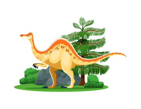 Cartoon dinosaur or prehistoric lizard Deinocheirus for kids dino toys, vector character. Funny prehistoric giant dinosaur Deinocheirus or two legs lizard of Jurassic or Cretaceous or era animalsのイラスト素材