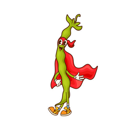 Cartoon groovy legume or bean pod character dressed as a superhero with a red cape and mask, exudes confidence and energy, striking a heroic pose. Vector fun, healthy vegetable and nutrition personageのイラスト素材