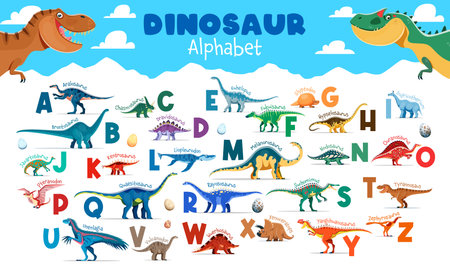 Kids dinosaurs alphabet with cartoon dino characters and eggs vector typography set. Uppercase letters with prehistoric dinosaurs, children education poster. Cute dino animals english alphabet lettersのイラスト素材