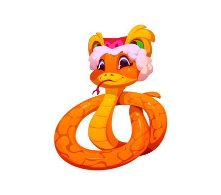 Cartoon playful snake character symbolizing 2025 Chinese lunar year. Vector snake has big happy eyes and tongue sticking out, orange scales and wearing traditional Chinese festival hat with fluffy furのイラスト素材