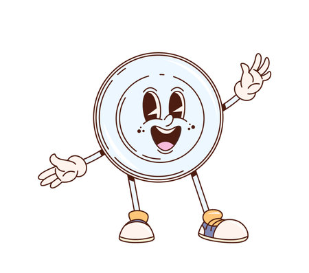 Retro groovy dish plate, cartoon funny kitchenware or kitchen utensil, vector character. Groovy funky ceramic plate with happy smile on face for kitchenware and dishware cartoon emoji characterのイラスト素材