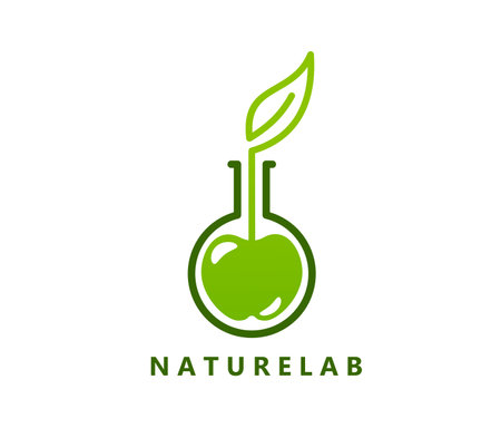 Nature lab icon of laboratory flask with green leaf and apple fruit, vector emblem. Nature lab icon for organic cosmetics, natural bio products or pharmacy laboratory for company corporate symbolのイラスト素材