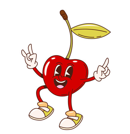 Retro groovy cherry berry character. Isolated cartoon vector cool red berry with stem, kids menu personage wearing sneakers, giving a peace sign with a mischievous smile, exuding laid-back funky vibesのイラスト素材