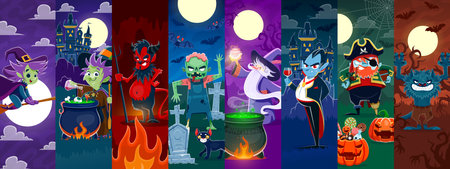 Cartoon Halloween characters collage with a witch, zombie, vampire, and pirate, devil, werewolf or wizard celebrate at spooky backgrounds featuring haunted castle, full moon, graveyard and cauldronのイラスト素材