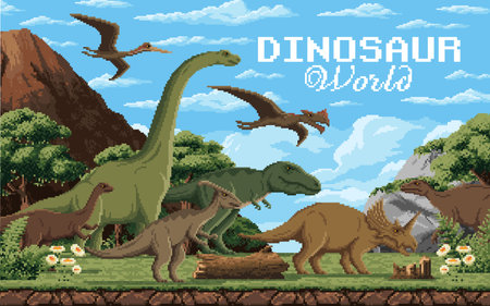 8 bit pixel art prehistoric dinosaurs. Vector nostalgic retro gaming scene featuring dino species in a prehistoric landscape with mountains, trees and a clear sky with clouds. Arcade game backgroundのイラスト素材