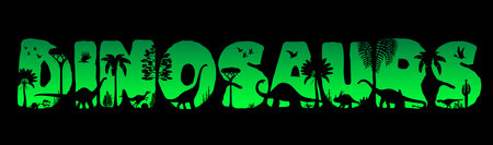 Dinosaurs sunset silhouettes in jungle forest. Prehistoric vector typography featuring the word dinosaurs with each letter filled with shadows of dino species and Jurassic plants in vivid green colorのイラスト素材