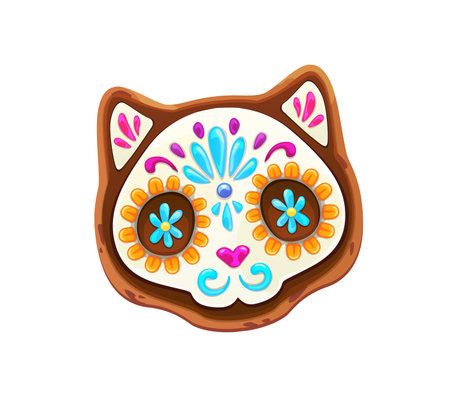 Mexican Day of Dead biscuit cat skull cookie. Mexican Day of the Dead carnival scary pastry, spooky frosted dessert. Mexico Dia de Los Muertos dessert gingerbread cat cookie with marigold icingのイラスト素材