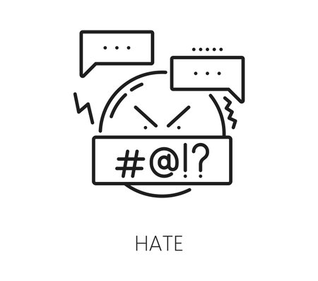 Blogging line icon, social media and multimedia content. Vector linear sign of hate with angry face and speech bubbles symbolizing negative emotions and online aggression in social media networksのイラスト素材