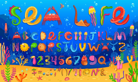 Sea animal font, marine underwater type, aquatic typeface. English alphabet letters and numbers font vector typography set of cartoon sea animals and fish characters, ocean water, seaweed and coralsのイラスト素材