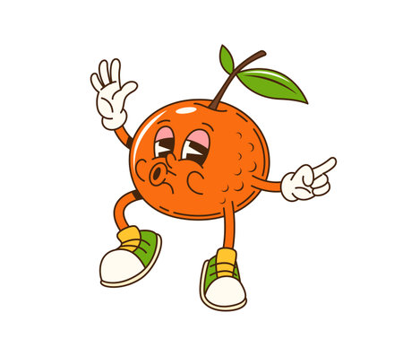 Cartoon groovy orange fruit Christmas character dancing with happy expression. Isolated vector funny, tropical fruit personage exudes vintage, funky and hippie vibes for Xmas Holiday celebrationのイラスト素材