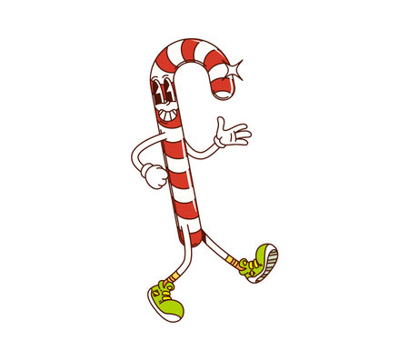 Candy cane funny groovy hippie dessert, sweet food character. Isolated vector retro Christmas confection decorated with vibrant red and white stripes, wearing sneakers and has a big toothy smileのイラスト素材