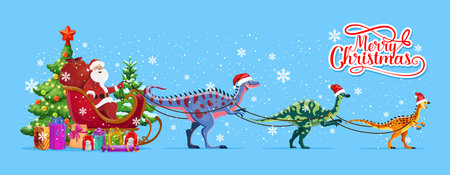 Santa in sleigh with dinosaurs. Cartoon vector Merry Christmas greeting card or banner featuring Santa Claus riding a sled pulled by dino animals in red hats, decorated Xmas tree and wrapped presentsのイラスト素材