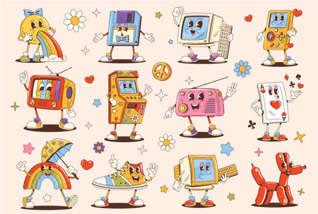 Cartoon retro groovy characters of sun, rainbow, vintage desktop computer and floppy disk. Vector psychedelic arcade game machine, playing card, hippie radio, tv set, puzzle game console, balloon dogのイラスト素材