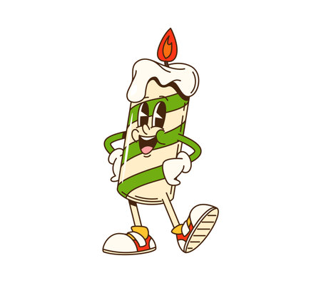 Cartoon groovy Christmas candle character with striped pattern, burning wick and arms akimbo in confident pose. Isolated vector retro lit candle with a cheerful smile and wax dripping down its sidesのイラスト素材