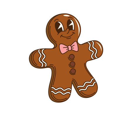 Cartoon groovy Christmas gingerbread man character. Isolated vector gingerman holiday pastry personage. Freshly baked, cheerful, delightful, traditional homemade Xmas confection for festive greetingsのイラスト素材