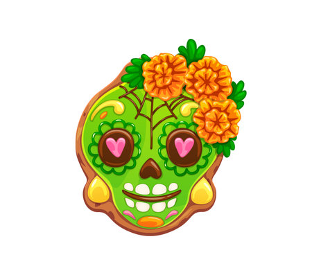 Mexico Day of Dead celebration green skull cookie. Mexican culture holiday spooky vector cookie, Day of the Dead festival or Mexico Dia de Los Muertos pastry with skull, spider web and marigoldのイラスト素材