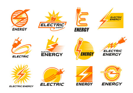 Electric energy icon with vector power lightning or thunderbolt flashes, charge plugs with cord and cable. Electrical supplies isolated symbols with yellow sparks, electric power industry, electricityのイラスト素材