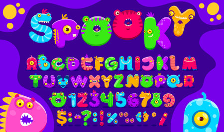 Cartoon monster font, funny scarecrow type, bugaboo typeface, bogle alphabet vector typography. Cute letters and numbers font with Halloween alien, fantasy dragon animal and germ monster charactersのイラスト素材