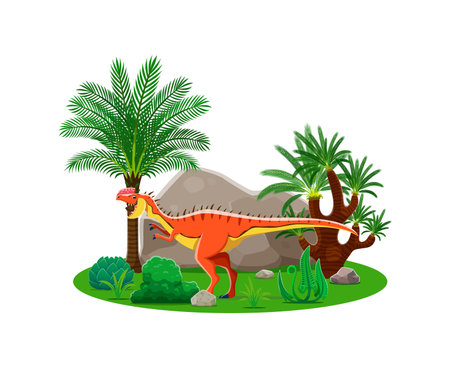 Monolophosaurus prehistoric dinosaur character. Isolated cartoon vector bipedal dino predator with red vibrant skin, roaring and roaming a lush jungle landscape with green plants and a rock backgroundのイラスト素材
