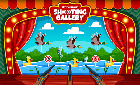 Hunting ducks, carnival shoot game, shooting range or gallery booth with targets and guns. Vector amusement park, carnival or funfair shoot game with cartoon ducks in frame of circus arena, curtainsのイラスト素材