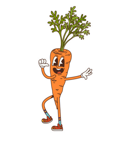 Cartoon groovy carrot vegetable character for retro comic food, vector personage. Groovy funky funny carrot with happy silly face and quirky expression for groovy food emoji in trippy good vibesのイラスト素材