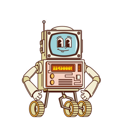 Cartoon retro groovy robot character bot on wheels, vector space rover android. Funny retro robot in groovy cartoon with computer display face and happy smile for cosmic space android or cyborg toyのイラスト素材