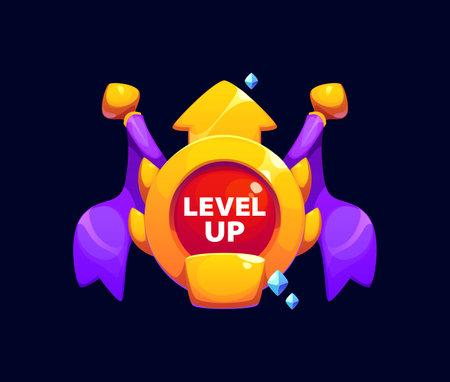 Level up game reward, rate icon. Cartoon vector gui interface emblem with golden arrow, purple flags and small blue crystals around it, symbolizing a powerful achievement or progress in video gameのイラスト素材