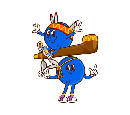 Cartoon groovy native american math division sign characters. Isolated vector blue indian dots personages wearing tribal attire, divided with a calumet, ready for fun arithmetic learning adventureのイラスト素材